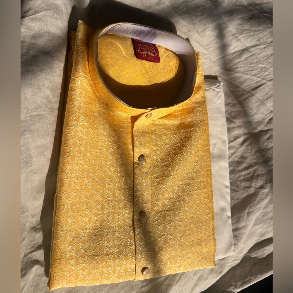 Men's Yellow Jacquard Kurta with Band Collar